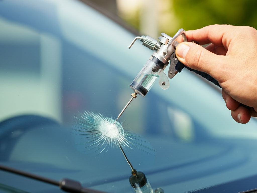 Close-up of a technician repairing a cracked windshield outdoors.