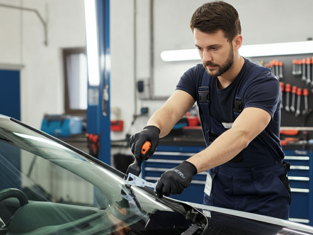Technician replacing a car windshield in a clean garage.